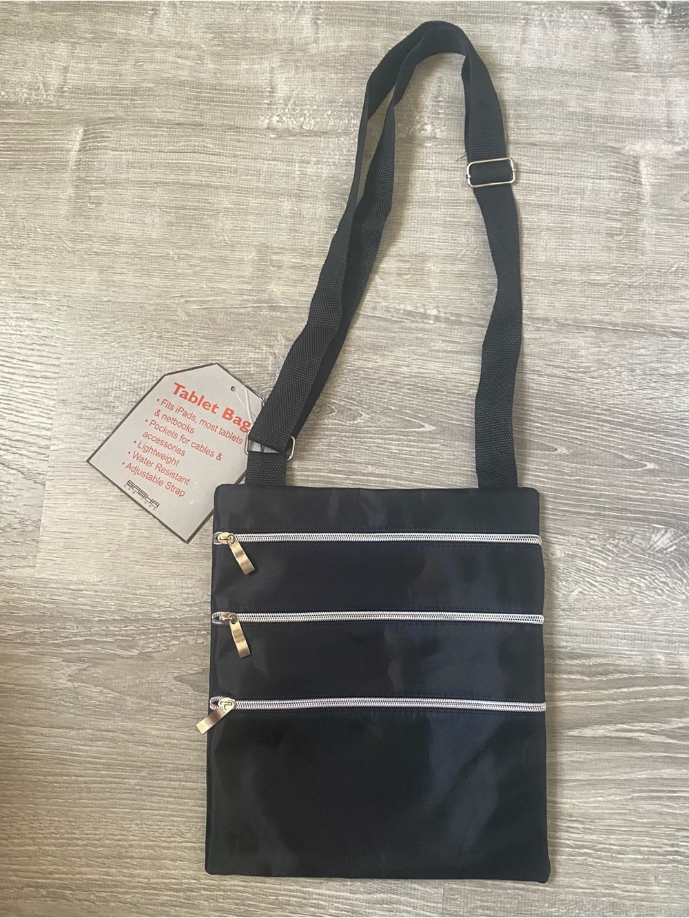 Black Crossbody Tablet Bag with 4 Zippers
